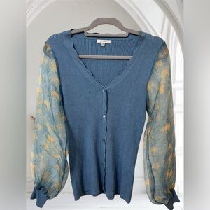 Sioni Women Blue V-Neck Button Front Floral Sheer Sleeve Cardigan Sweater Size M